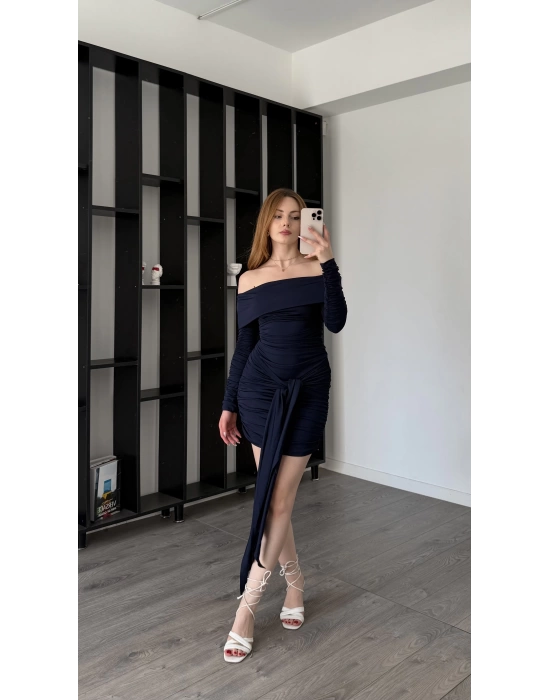 Lacivert Mery Kuşak Detaylı Madonna Elbise