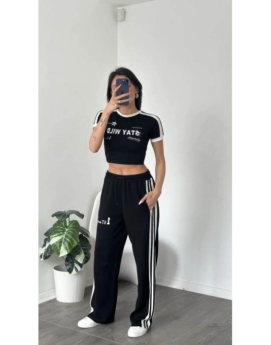 Karen Siyah Çizgi Detaylı Crop-Eşofman Takım