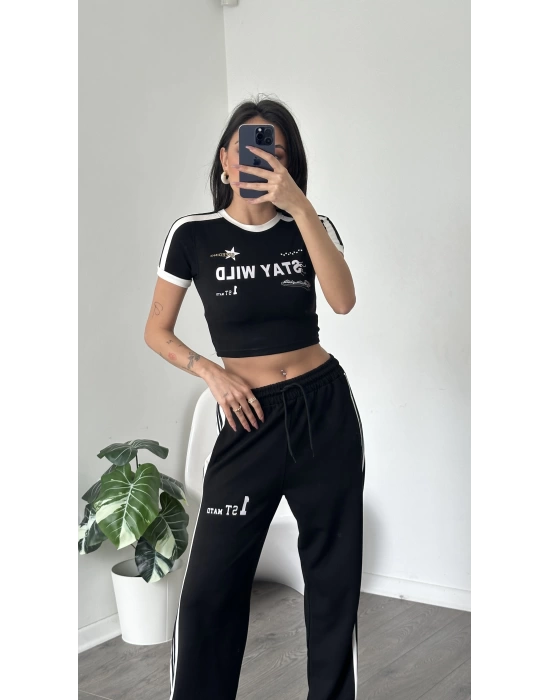 Karen Siyah Çizgi Detaylı Crop-Eşofman Takım