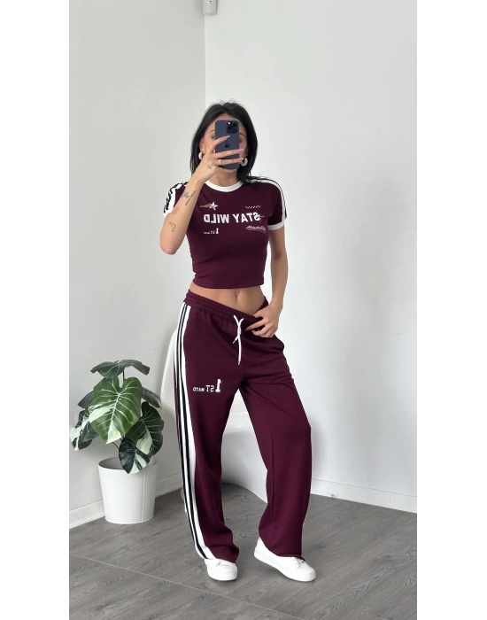 Karen Bordo Çizgi Detaylı Crop-Eşofman Takım