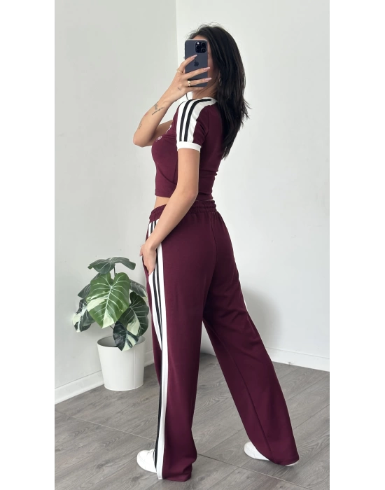 Karen Bordo Çizgi Detaylı Crop-Eşofman Takım