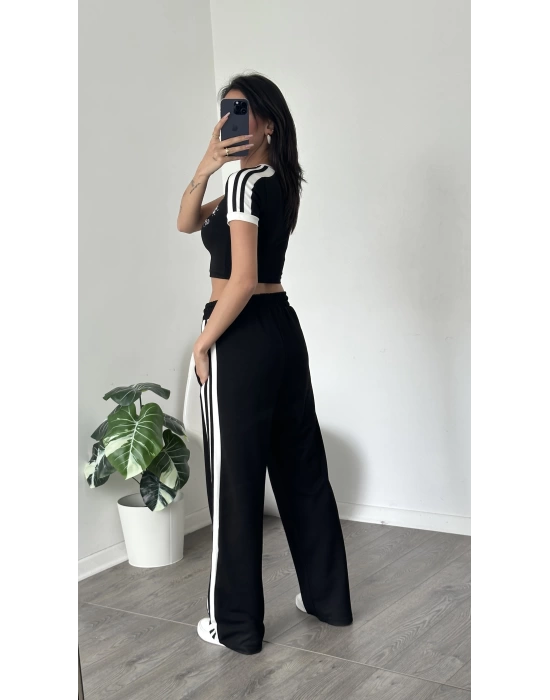 Karen Siyah Çizgi Detaylı Crop-Eşofman Takım