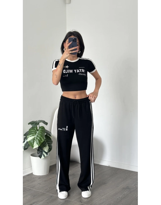 Karen Siyah Çizgi Detaylı Crop-Eşofman Takım