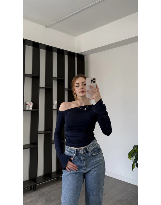 Lacivert Paloma Düşük Omuzlu İspanyol Kol Bluz