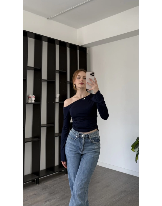 Lacivert Paloma Düşük Omuzlu İspanyol Kol Bluz