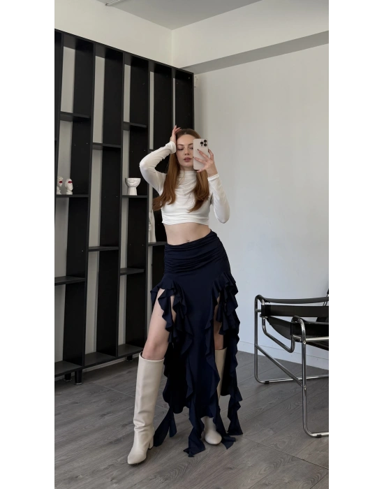 Lacivert Pinna Tasarım Fırfır Yırtmaçlı Etek