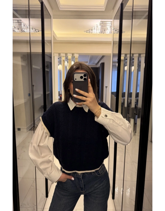 Lacivert Saç Örgülü Triko Süveter