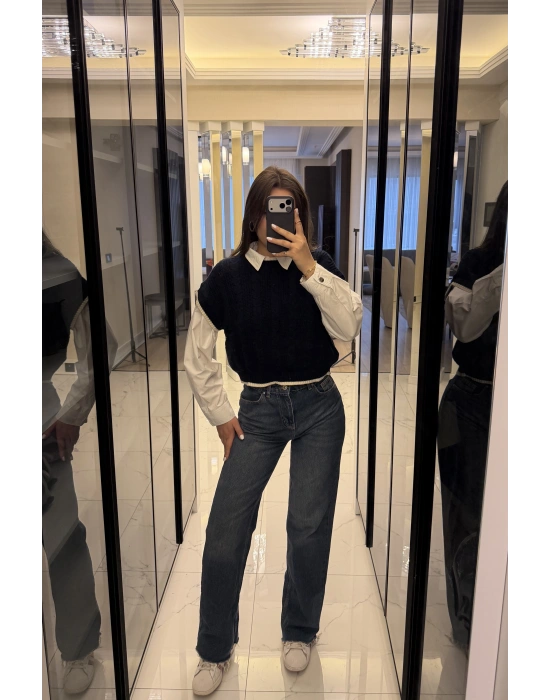 Lacivert Saç Örgülü Triko Süveter