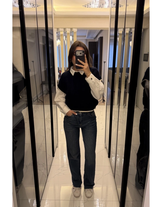 Lacivert Saç Örgülü Triko Süveter