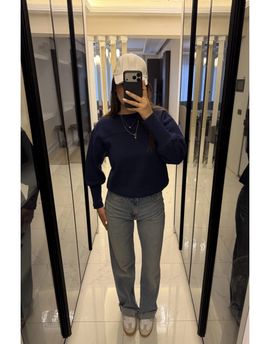 Lacivert Tara Kol Detaylı Basic Sweatshirt