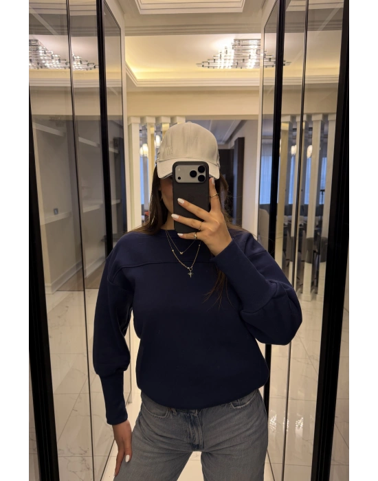 Lacivert Tara Kol Detaylı Basic Sweatshirt