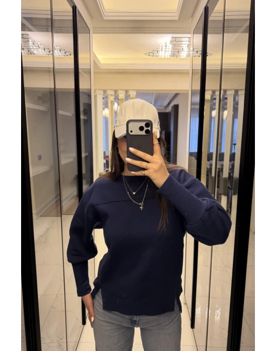 Lacivert Tara Kol Detaylı Basic Sweatshirt