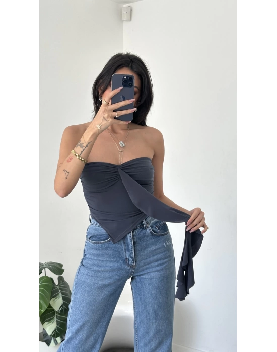 Lena Antrasit Straplez Önü Fırfırlı Bluz