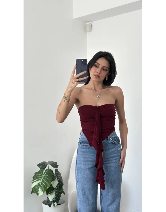 Lena Bordo Straplez Önü Fırfırlı Bluz