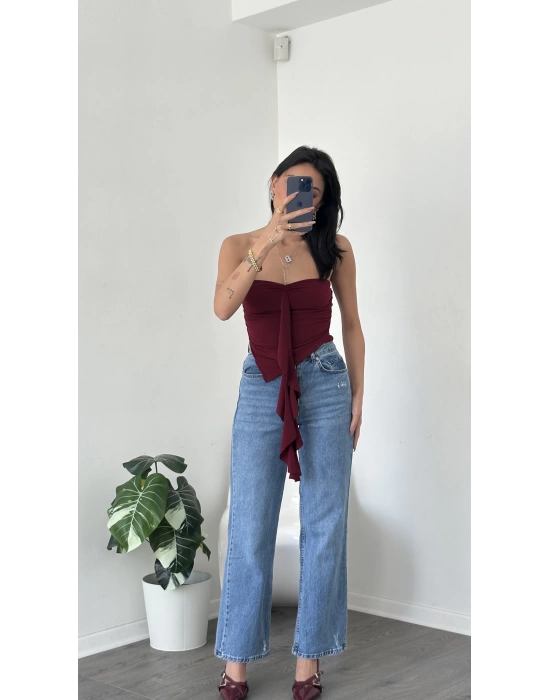 Lena Bordo Straplez Önü Fırfırlı Bluz