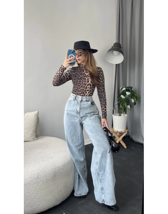 Leopar Desenli Dik Yakalı Bodysuit