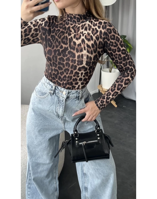 Leopar Desenli Dik Yakalı Bodysuit