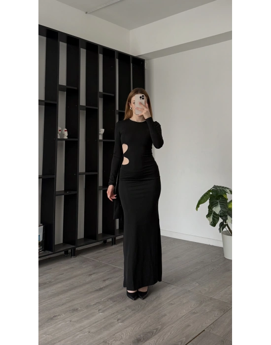 Lisa Siyah Bel Detaylı Maxi Elbise