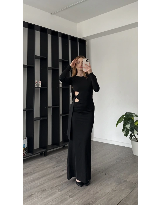 Lisa Siyah Bel Detaylı Maxi Elbise