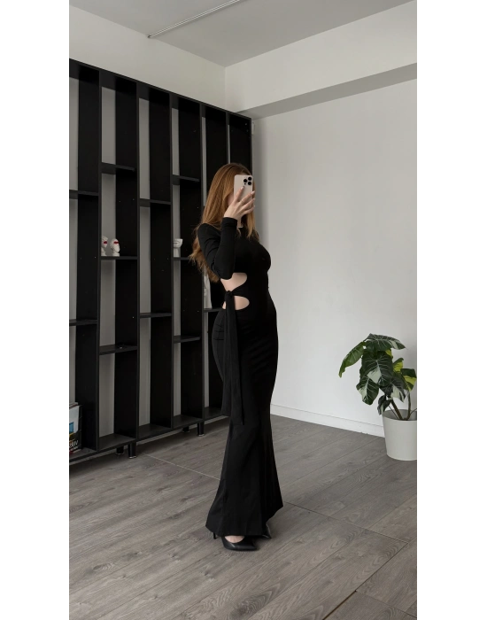 Lisa Siyah Bel Detaylı Maxi Elbise