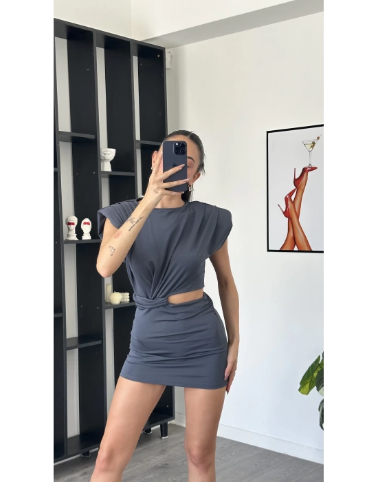 Lucia Antrasit Bel Detay Vatkalı Elbise
