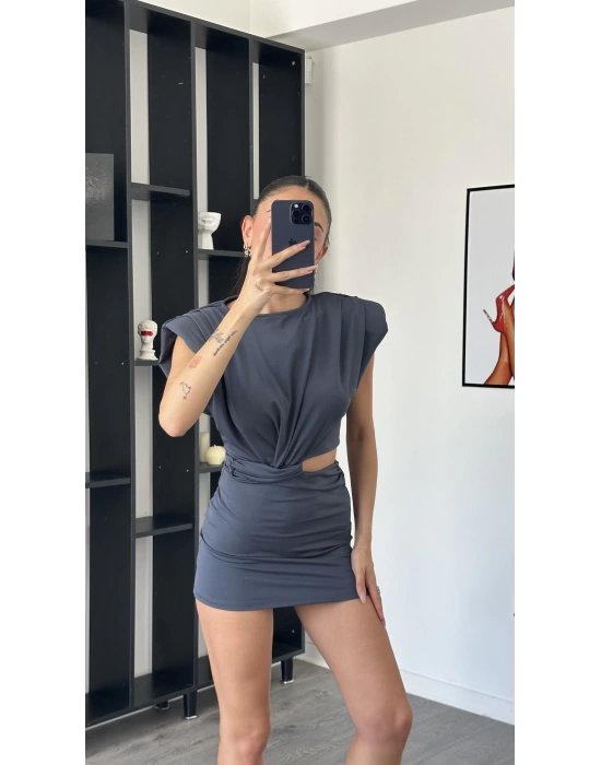 Lucia Antrasit Bel Detay Vatkalı Elbise