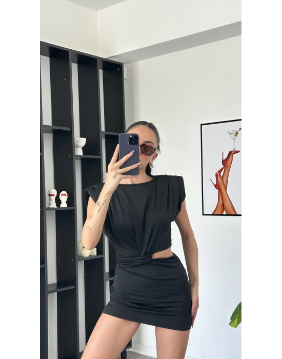 Lucia Siyah Bel Detay Vatkalı Elbise