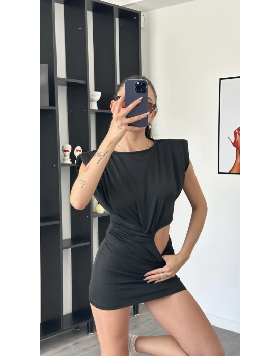 Lucia Siyah Bel Detay Vatkalı Elbise