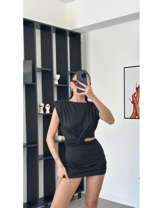 Lucia Siyah Bel Detay Vatkalı Elbise