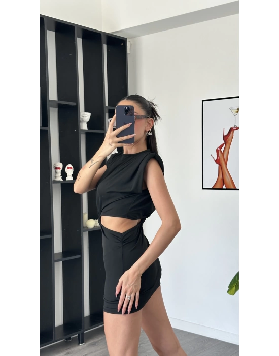 Lucia Siyah Bel Detay Vatkalı Elbise