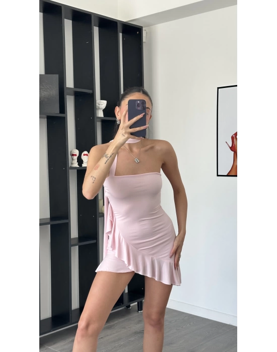 Lucy Pembe Şal Detaylı Straplez Fırfır Elbise
