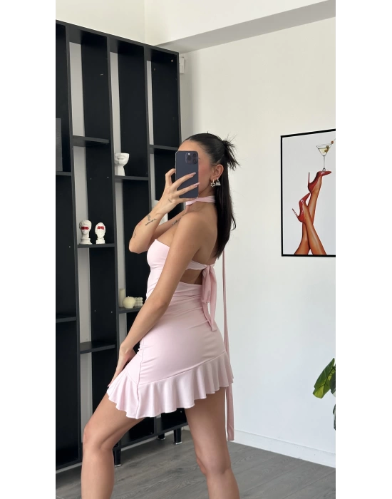 Lucy Pembe Şal Detaylı Straplez Fırfır Elbise