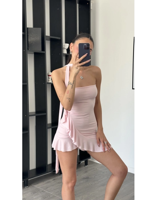 Lucy Pembe Şal Detaylı Straplez Fırfır Elbise