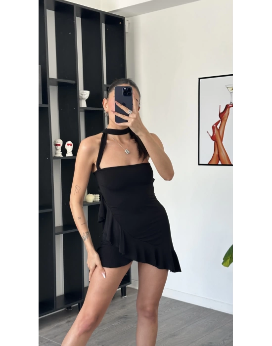 Lucy Siyah Şal Detaylı Straplez Fırfır Elbise