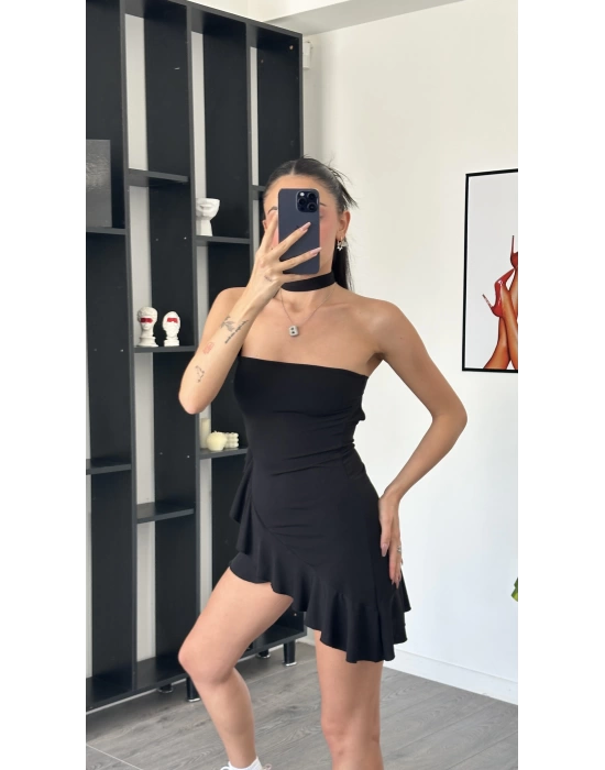 Lucy Siyah Şal Detaylı Straplez Fırfır Elbise