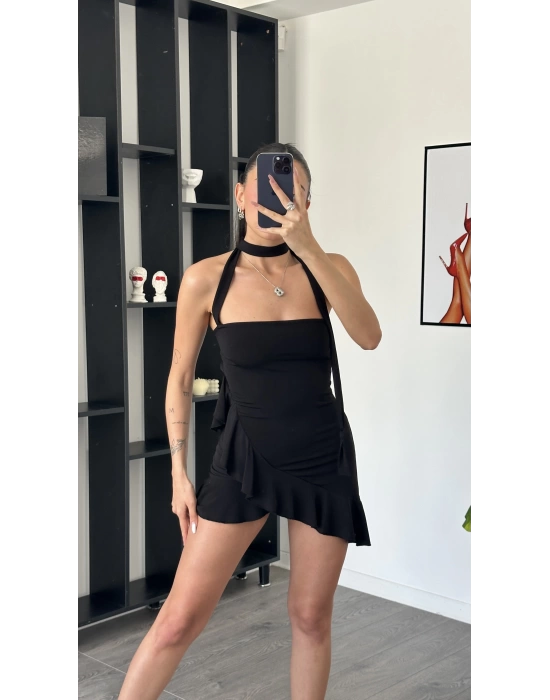 Lucy Siyah Şal Detaylı Straplez Fırfır Elbise