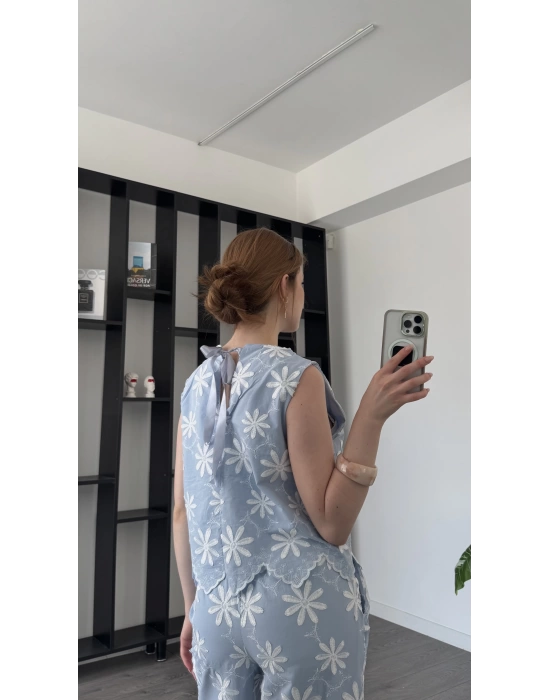 Luva Mavi Çiçek Aplikeli Takım