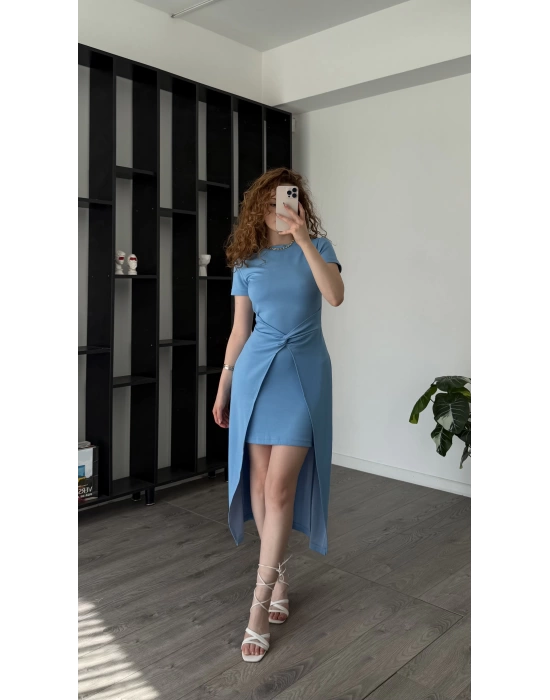 Mavi Agnes Düğüm Detaylı Elbise