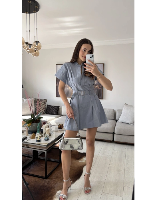 Mavi Alexa Kemerli Pileli Elbise