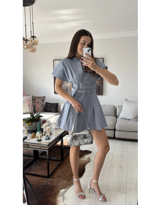 Mavi Alexa Kemerli Pileli Elbise