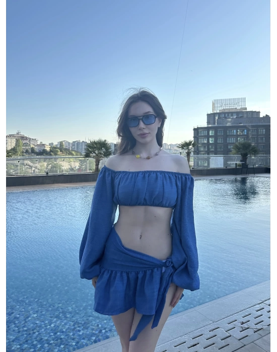 Mavi Büstiyerli Pareo Takım