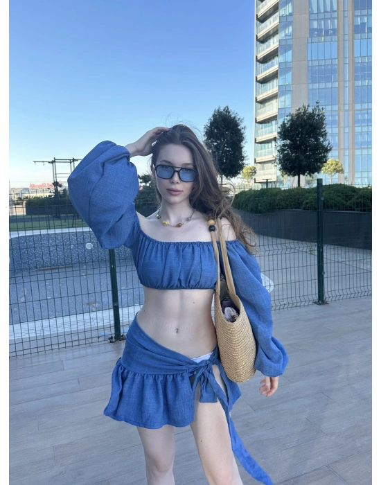 Mavi Büstiyerli Pareo Takım
