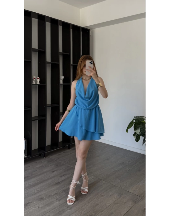 Mavi Chloe Degaje Yakalı Şortlu Volan Elbise