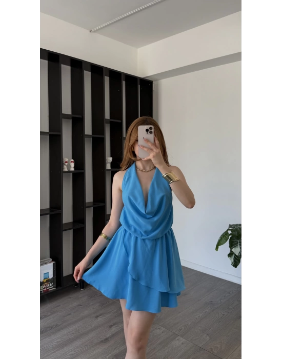 Mavi Chloe Degaje Yakalı Şortlu Volan Elbise