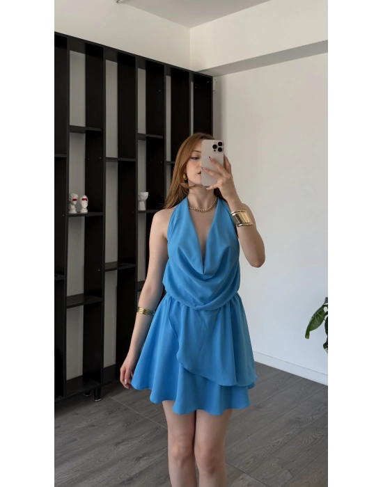 Mavi Chloe Degaje Yakalı Şortlu Volan Elbise