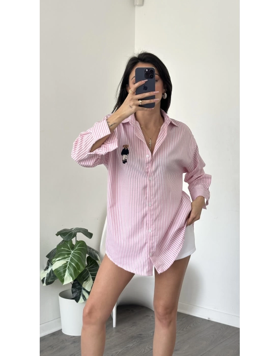 Pembe Çizgi Desen Oversize Teddy Gömlek