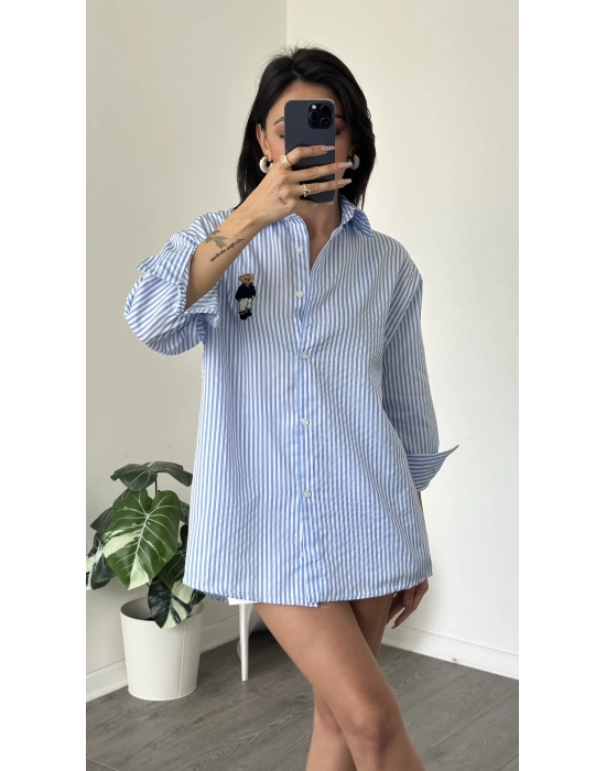 Mavi Çizgi Desen Oversize Teddy Gömlek
