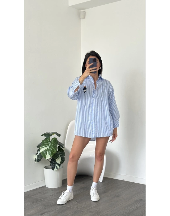 Mavi Çizgi Desen Oversize Teddy Gömlek