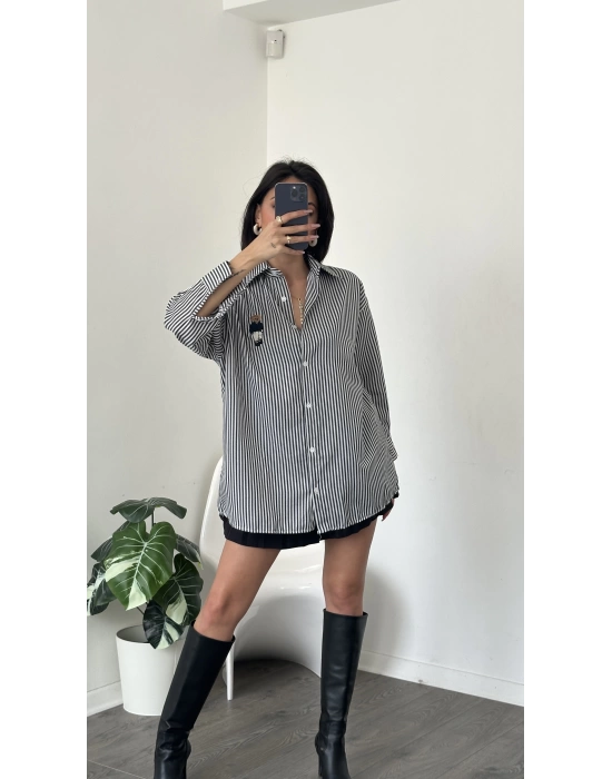 Siyah Çizgi Desen Oversize Teddy Gömlek