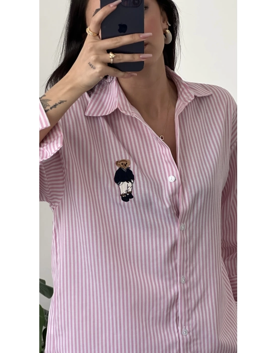 Pembe Çizgi Desen Oversize Teddy Gömlek